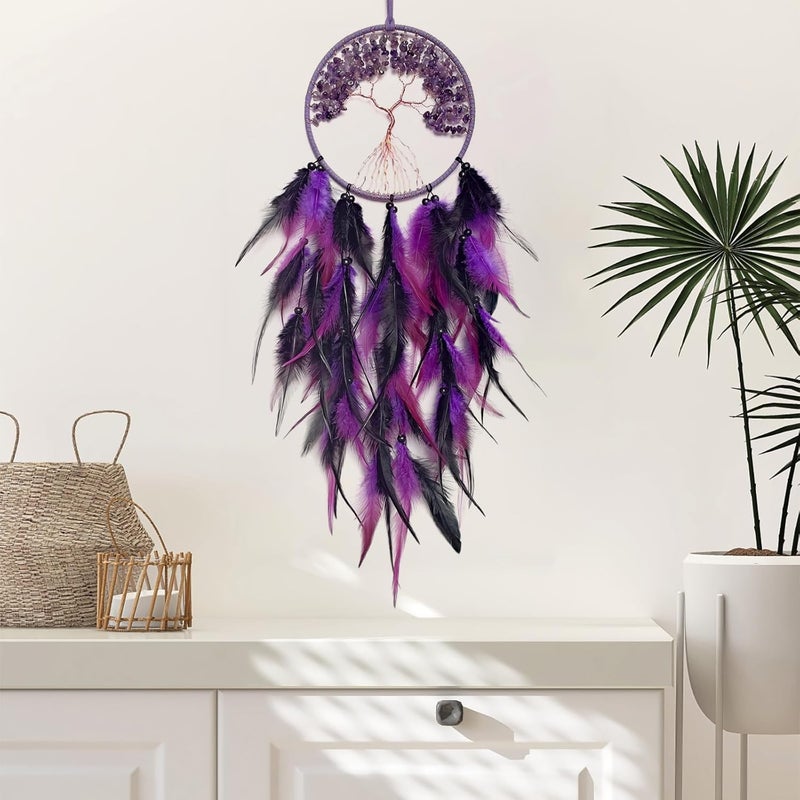 RAGKUU Store Black and Purple Dream Catcher Wall Decor Crystal Tree of Life Dream Catchers Handmade Feather Dreamcatcher Wall Hanging Ornament for Bedroom Living Room Home Decor - Image 4